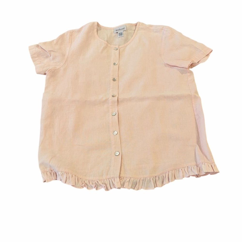 Westbound Linen Blouse Womens Large Pink Button Up Ruffle Hem Top